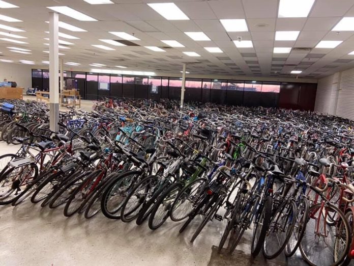 The 1,260 bikes collected from November 7 all sorted and ready for repair over the winter.