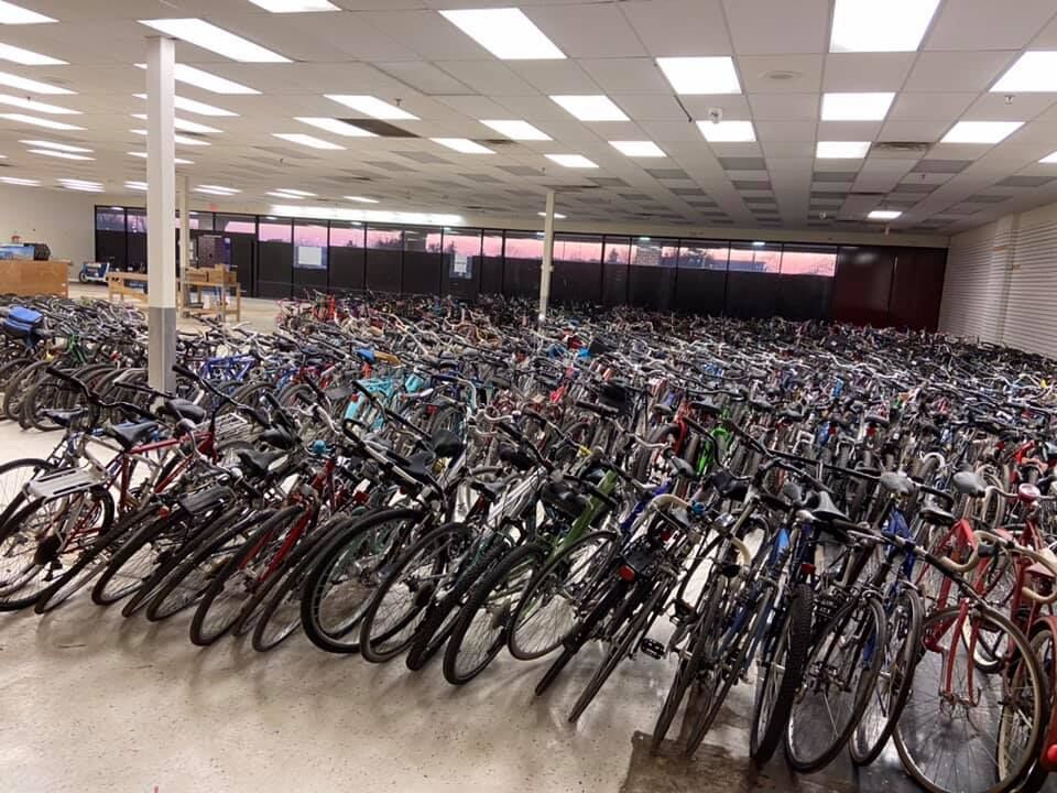 The 1,260 bikes collected from November 7 all sorted and ready for repair over the winter.