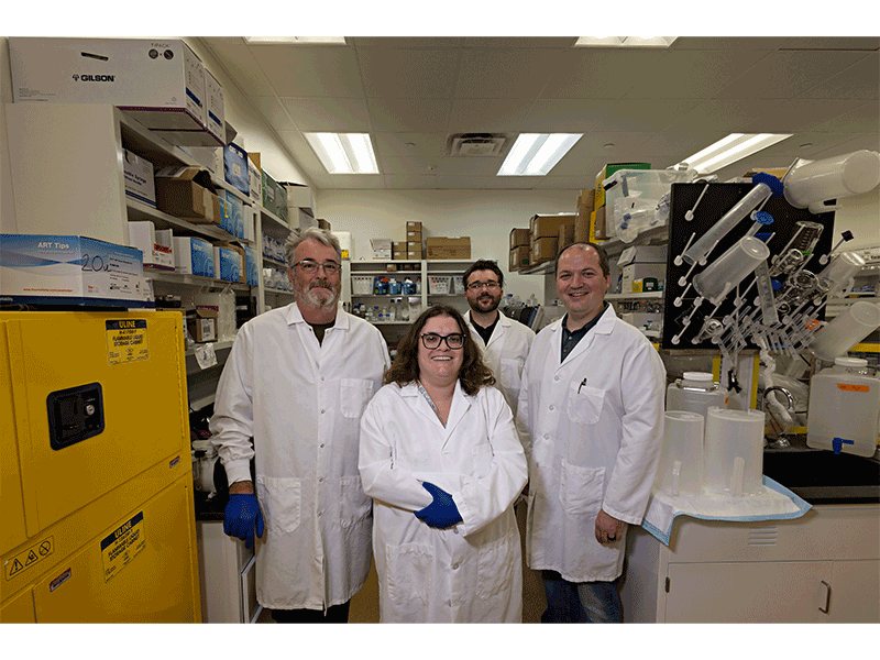(From left) The Axio BioPharma team includes David Marshall, expression scientist; Jaclyn Mabry, purification scientist; Tristan McAloon, business development manager; and Justin Byers, co-founder.