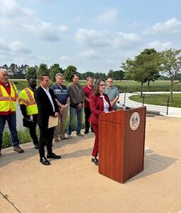 Dane County Executive Melissa Agard spoke at a ribbon-cutting ceremony that marked the completion of the County Highway M Improvement Project.