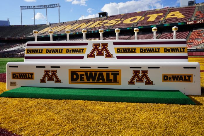 An example of how the DEWALT logo will be displayed across in-stadium team benches.