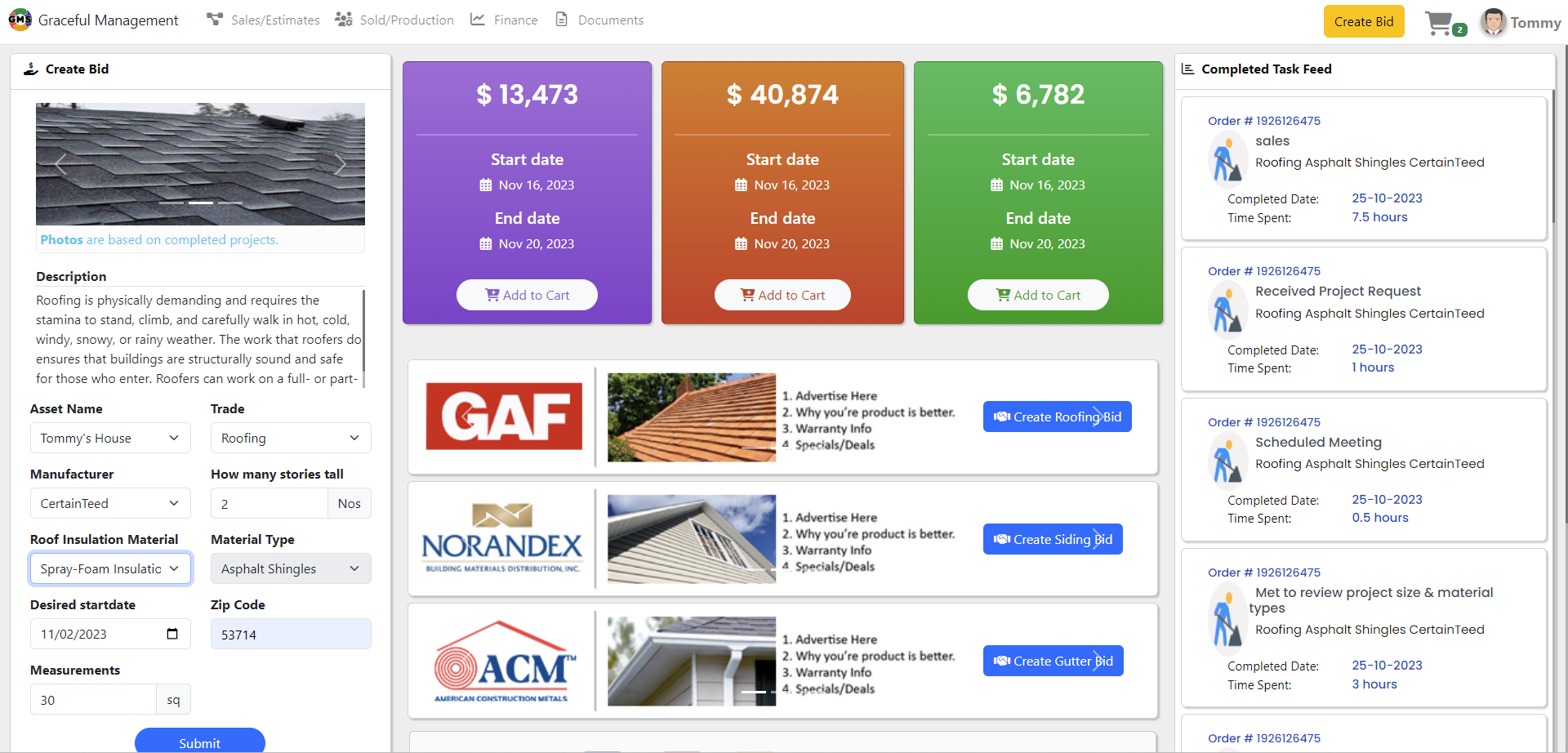 MVP2 – A customer-facing portal. Like the Estimating screen, the left side collects input for an estimate. The top center displays the three pricing options. Advertising content replaces the schedule at the bottom center, and on the far right is a live feed updating the customer on the status of all their projects being delivered by their contractor.