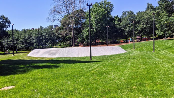 An artist interpretation of “eyes” on display on the rounded V-curve of the sculpture belong to well-known slave Isabella Gibbons. The eyes also represent people coming out of the earth — into the light — as they emerged from time spent living underground. (Photo credit: Sanjay Suchak)
