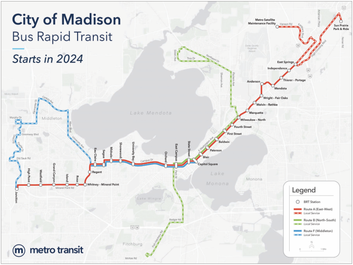 The Madison bus rapid transit system will start with an east-west line from Junction Road on the west, through the downtown and campus area, to East Towne Mall. Construction of the north-south line (in green) will begin after the east-west lines opens. (Madison Metro Transit)