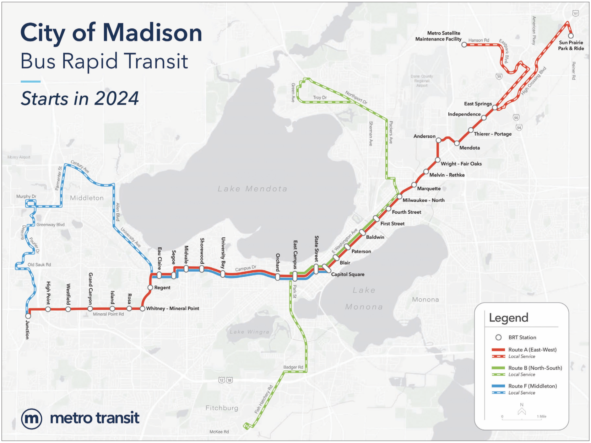 The Madison bus rapid transit system will start with an east-west line from Junction Road on the west, through the downtown and campus area, to East Towne Mall. Construction of the north-south line (in green) will begin after the east-west lines opens. (Madison Metro Transit)