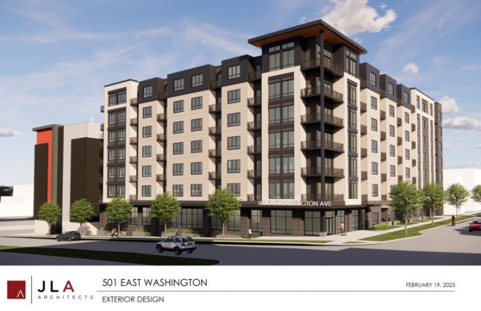 A preliminary rendering of a proposed seven-story, 223-unit apartment building at 501 E. Washington Ave., the longtime site of Wisconsin Manufacturers and Commerce since the 1980s.