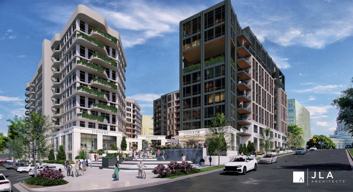 Brink Development’s plans to redevelop the downtown Brayton Lot call for two 10-story buildings and a pedestrian plaza.
