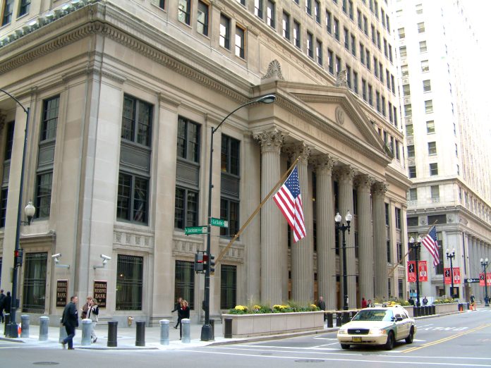 A front view of the Federal Reserve Bank of Chicago.