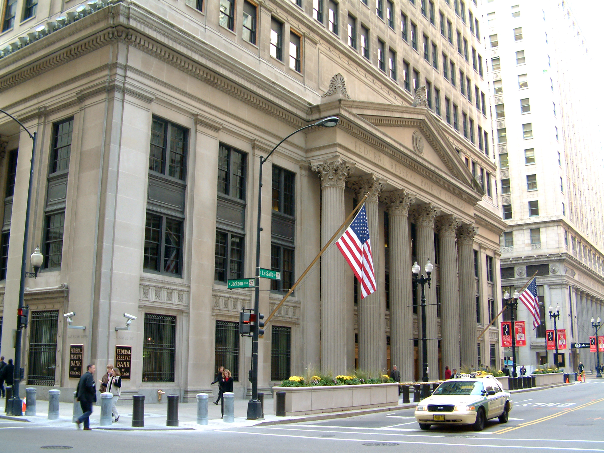 A front view of the Federal Reserve Bank of Chicago.