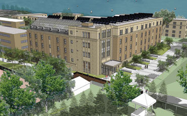 A rendering of Lakeshore Residence Hall, as viewed toward Lake Mendota, shows the south-facing greenhouse that will be used by the GreenHouse Residential Learning Community.