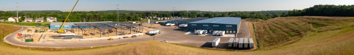 The completed building on the right is Aprilaire’s new 110,000-square-foot distribution center and the framed building under construction on the left is the new 60,000-square-foot manufacturing facility, both in Poynette. The manufacturing facility has since been completed. (All photos courtesy of Aprilaire)