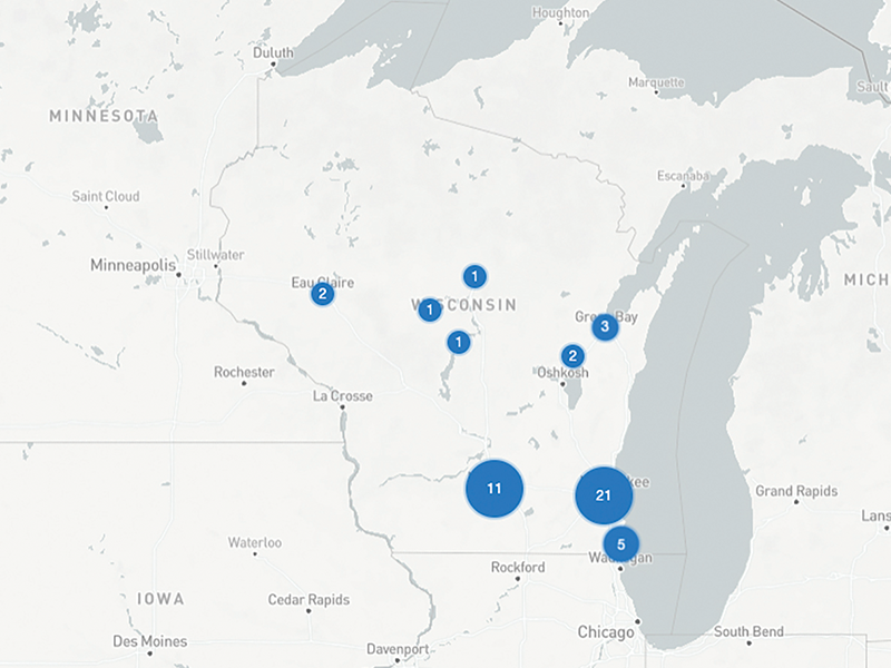 The Data Center Map shows the concentration of data centers in Wisconsin is primarily in its two largest metropolitan areas, Milwaukee (21) and Madison (11).