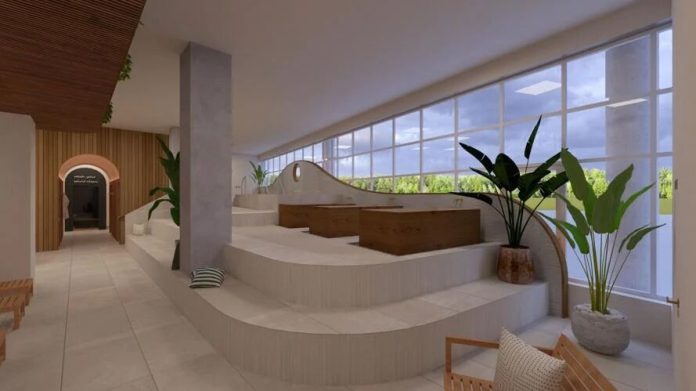 A rendering of Saunaday's planned communal room, featuring a cold plunge pool and hot soaking tubs