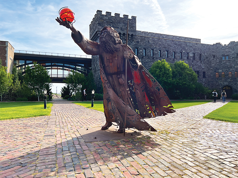 A wide variety of artwork decorates the Epic grounds, including this statue on the Wizards Academy campus.