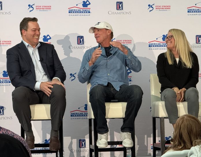 (From left) American Family Insurance CEO Bill Westrate, tournament host and player Steve Stricker and his wife Nicki Stricker discuss the highlights of this year's AmFam Champ event.