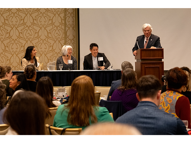 Left to right: Panelists Carissa Kathuria, a software developer and research and development group lead for Epic; Dr. Ibuki Kimura, medical informatics director for SSM Health; and Frank Liao, senior director of digital health and emerging technologies for UW Health, participate in a discussion about AI in health care, moderated by Dr. Frank Byrne, chief medical officer of Forward Health Group.