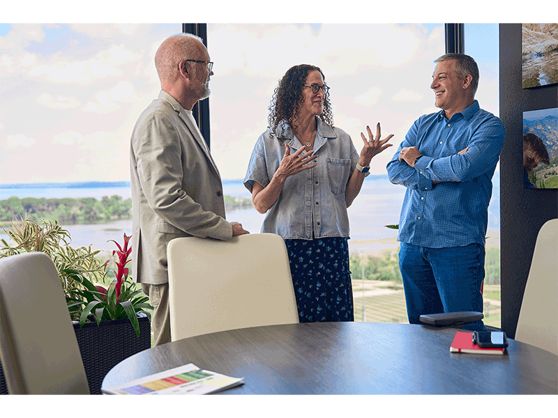 (From left) Erik Iverson, WARF's CEO, Deborah Solmor, WARF's general counsel, and Greg Keenan, senior director of WARF Ventures and WARF Accelerator.