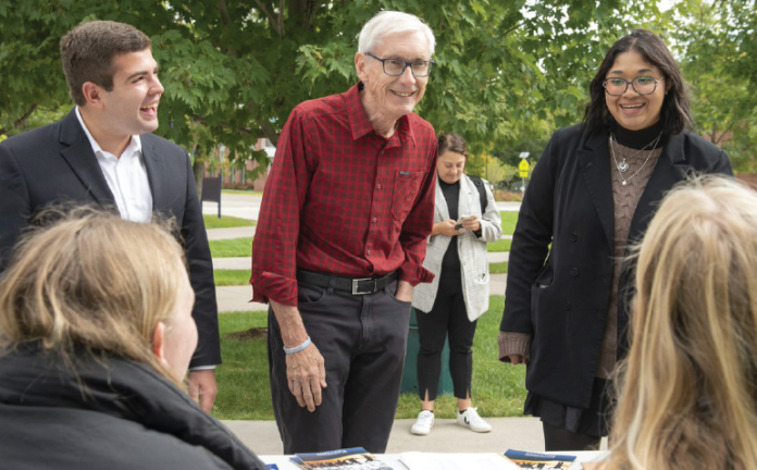 Gov. Tony Evers, photographed here during a 2022 visit to UW–Eau Claire, has proposed $75 million in state funding for venture capital to augment the Wisconsin Investment Fund.