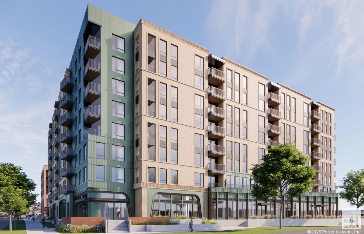 Rendering of the proposed eight-story building that will include a new space for Public Health Madison and Dane County and 160 affordable housing units