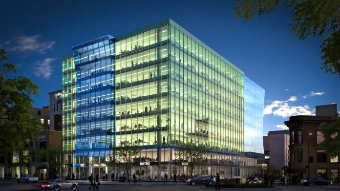 A rendering of Urban Land Interests’ $115 million Anchor Bank redevelopment for the southwest quadrant of the Capitol Square. The project includes 130,000 square feet of spec office space.