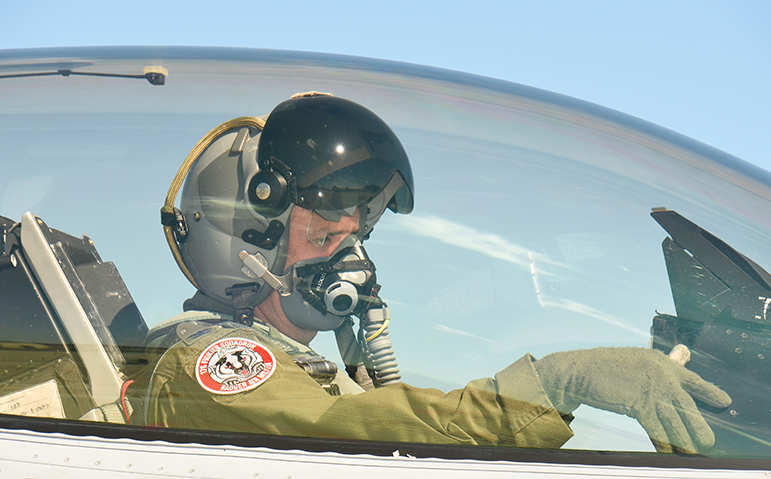 Col. Jeff Wiegand in the cockpit of an F-16.