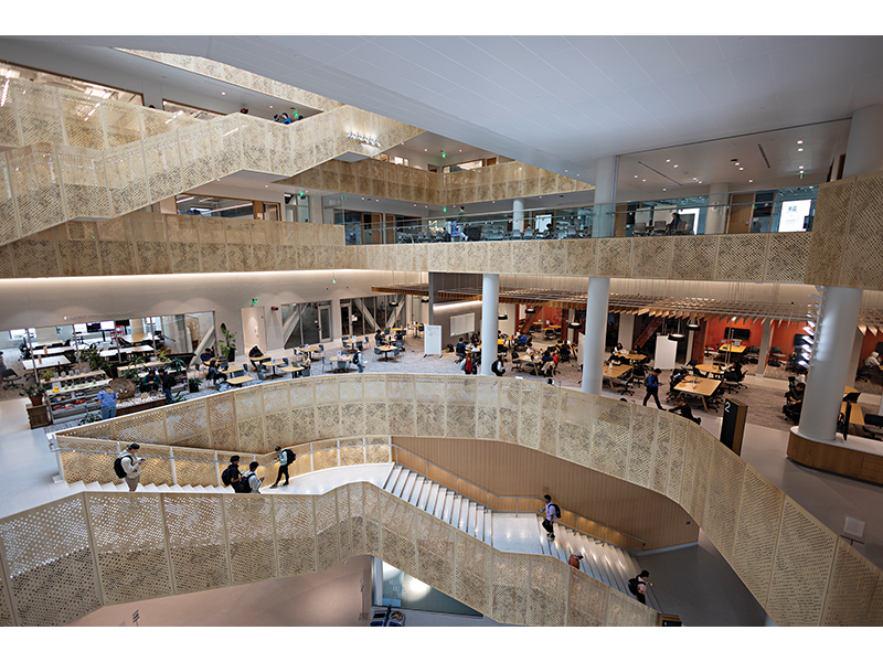 A massive, winding staircase unifies Morgridge Hall's eight stories around a center atrium to maximize visibility and opportunities for interaction.
