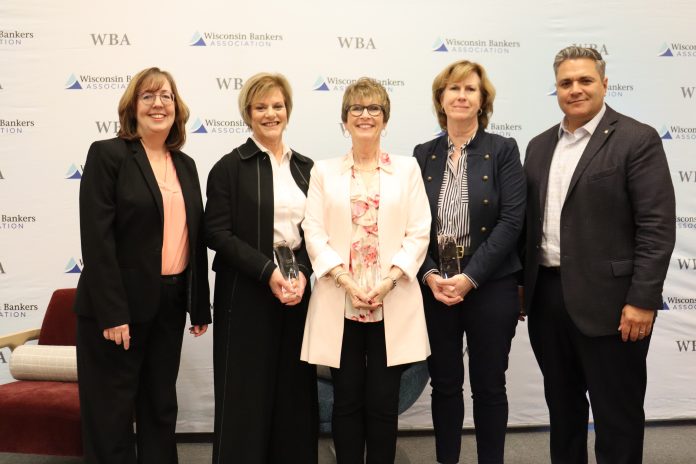 (From left) WBA President and CEO Rose Oswald Poels; Susan T. Doyle, senior VP-retail banking, North Shore Bank; Rose Petitte, director of business development, Horicon Bank; Theresa Wiese, managing director of risk and compliance, First Business Bank; and WBA Board Chair Al Araque.