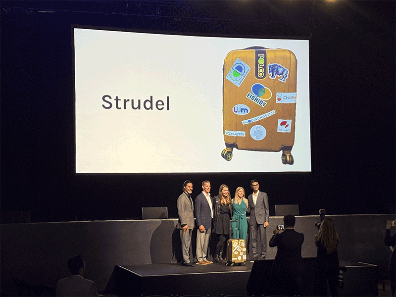 Pressure Chamber presenters Maxwave CEO Mirhamed Mirmozafari (left), Atrility CEO Sean McCormick, Strudel CEO Kristin Isaac, Reliable Residence co-founder Christina Henderson and redelevenlabs co-founder Samarth Shah pose for a photo at The Sylvee after Isaac won the 2025 Pressure Chamber pitch competition on Tuesday.