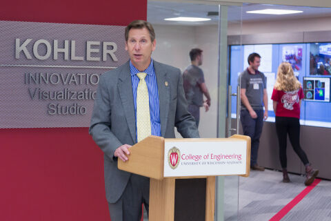 Kohler employees visit the Kohler Innovation Visualization Studio at the UW-Madison College of Engineering (Charles Hoslet)
