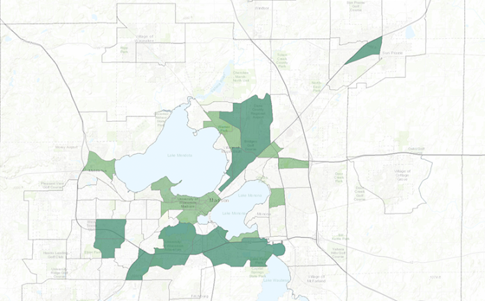 Greater Madison’s Opportunity Zones (marked in dark green) for investment include the former Oscar Mayer property, the Capitol East District, the Alliant Energy Center, South Madison, the Allied Neighborhood, and the University Research Park, as well as part of Sun Prairie.