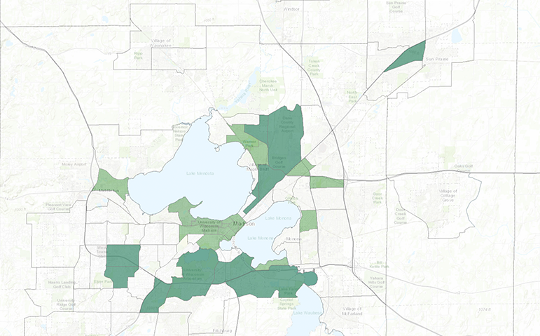 Greater Madison’s Opportunity Zones (marked in dark green) for investment include the former Oscar Mayer property, the Capitol East District, the Alliant Energy Center, South Madison, the Allied Neighborhood, and the University Research Park, as well as part of Sun Prairie.