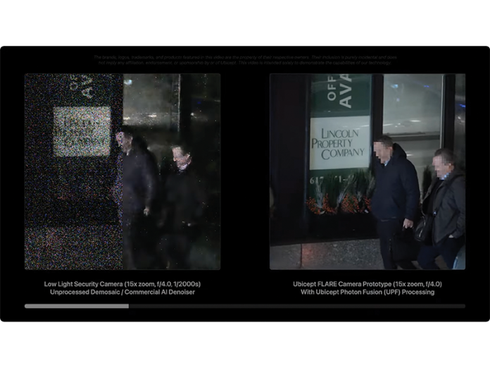 A side-by-side comparison shows a conventional security camera image (left) and Ubicept’s FLARE camera prototype with photon fusion processing.