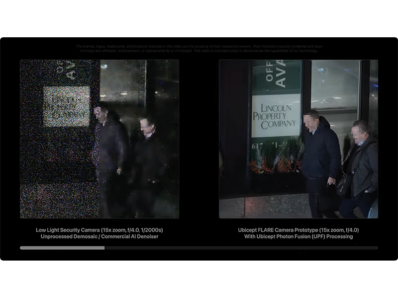 A side-by-side comparison shows a conventional security camera image (left) and Ubicept’s FLARE camera prototype with photon fusion processing.