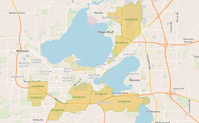Madison’s opportunity zones (marked in yellow) for investment include the former Oscar Mayer property, the Capitol East District, the Alliant Energy Center, South Madison, the Allied Neighborhood, and the University Research Park.
