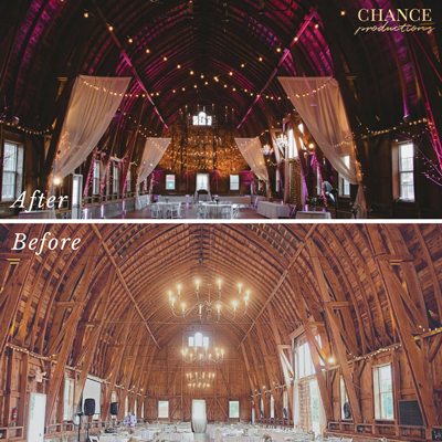 At Chance Productions, owner Jason Chance transforms event spaces theatrically through lighting, or what he calls “design AV.” Here, a barn is dramatically lit for a wedding.