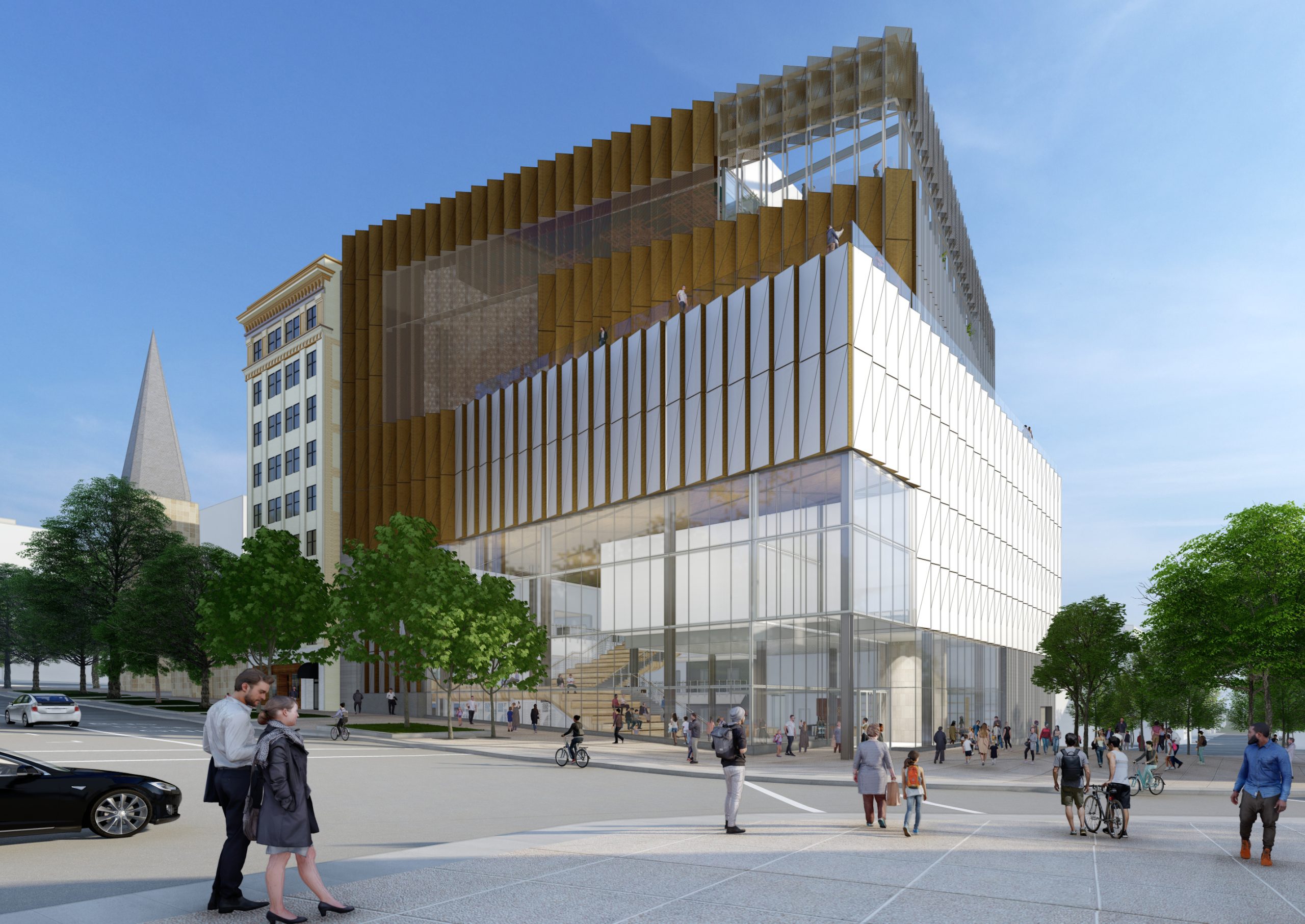 A rendering of the future Wisconsin History Center, viewed from Carroll and Mifflin streets on the Capitol Square.