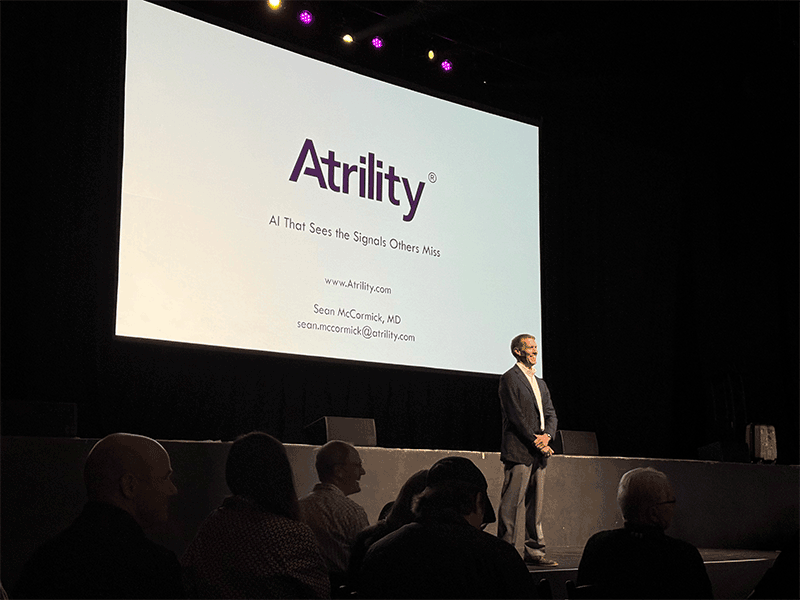 Atrility CEO Sean McCormick wraps up his pitch presentation at the 2025 Pressure Chamber competition.