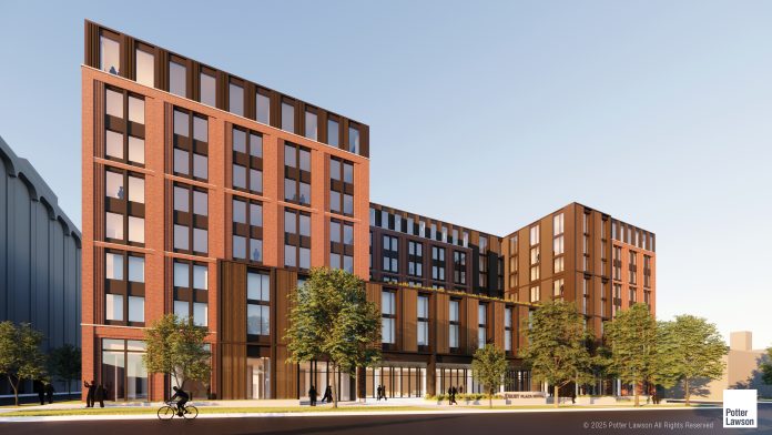 Rendering of the preliminary design concept for Drury Southwest's proposed 205-room hotel on the former Madison College site downtown