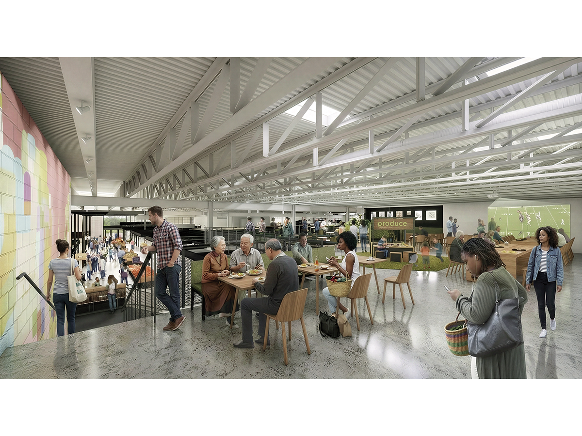 Seating areas are integrated near natural light and outdoor views in a rendering.