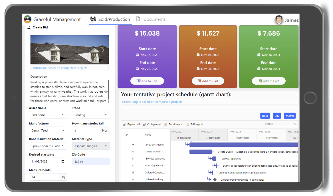 Estimating – A desktop view of our AI-powered estimating workflow. On the far left is the input column where users request an estimate. Across the top (center to right) are the automatically generated “Good, Better, Best” quotes. Along the bottom (center to right) is the AI-proposed schedule, all created from the user’s historical and real-time data.