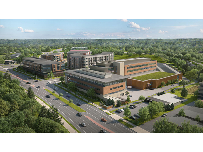 A rendering showcases the ambitious $122 million University Row Clinic project, set to break ground in spring 2025, which will be located to the right of UW Health’s already established Digestive Health Center on University Avenue.