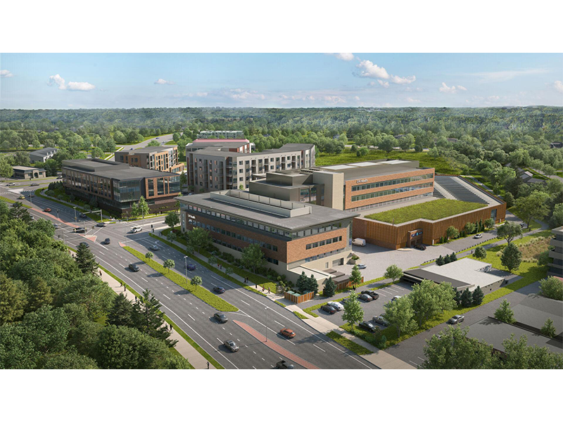 A rendering showcases the ambitious $122 million University Row Clinic project, set to break ground in spring 2025, which will be located to the right of UW Health’s already established Digestive Health Center on University Avenue.