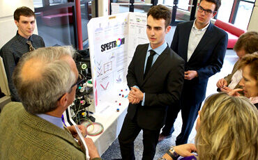 Taylor Fahey, Cedric Kovacs-Johnson, and Chase Haider show off Spectrom, their entrant in the 2014 G. Steven Burrill Business Plan Competition.