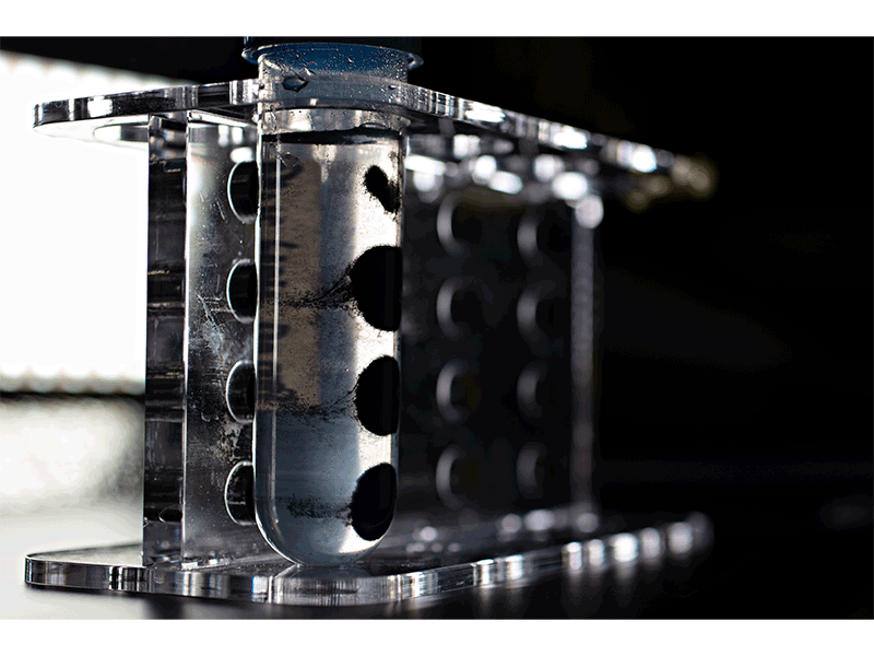Images taken at Axio BioPharma show how magnetic Protein A resin is separated from solution using a magnet, a step used in the company's antibody purification workflow.