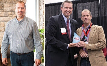 Brett Christensen before he embarked on the Get Fit Challenge (left) and receiving his trophy from IB Publisher Jon Konarske.
