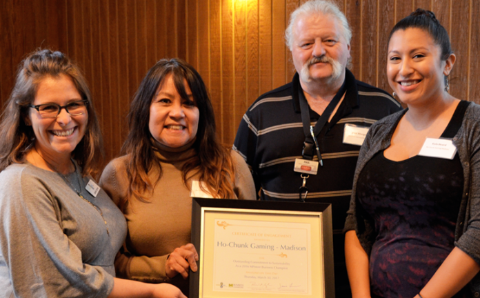 Partners in sustaining Dane (from) left: Jessie Lerner, executive director of Sustain Dane; Missy Tracy, municipal relations coordinator, Ho-Chunk Gaming Madison; Paul Bluege, environmental services inventory supervisor, Ho-Chunk Gaming Madison; and Kyla Beard, lead cage supervisor of Ho-Chunk Gaming Madison.