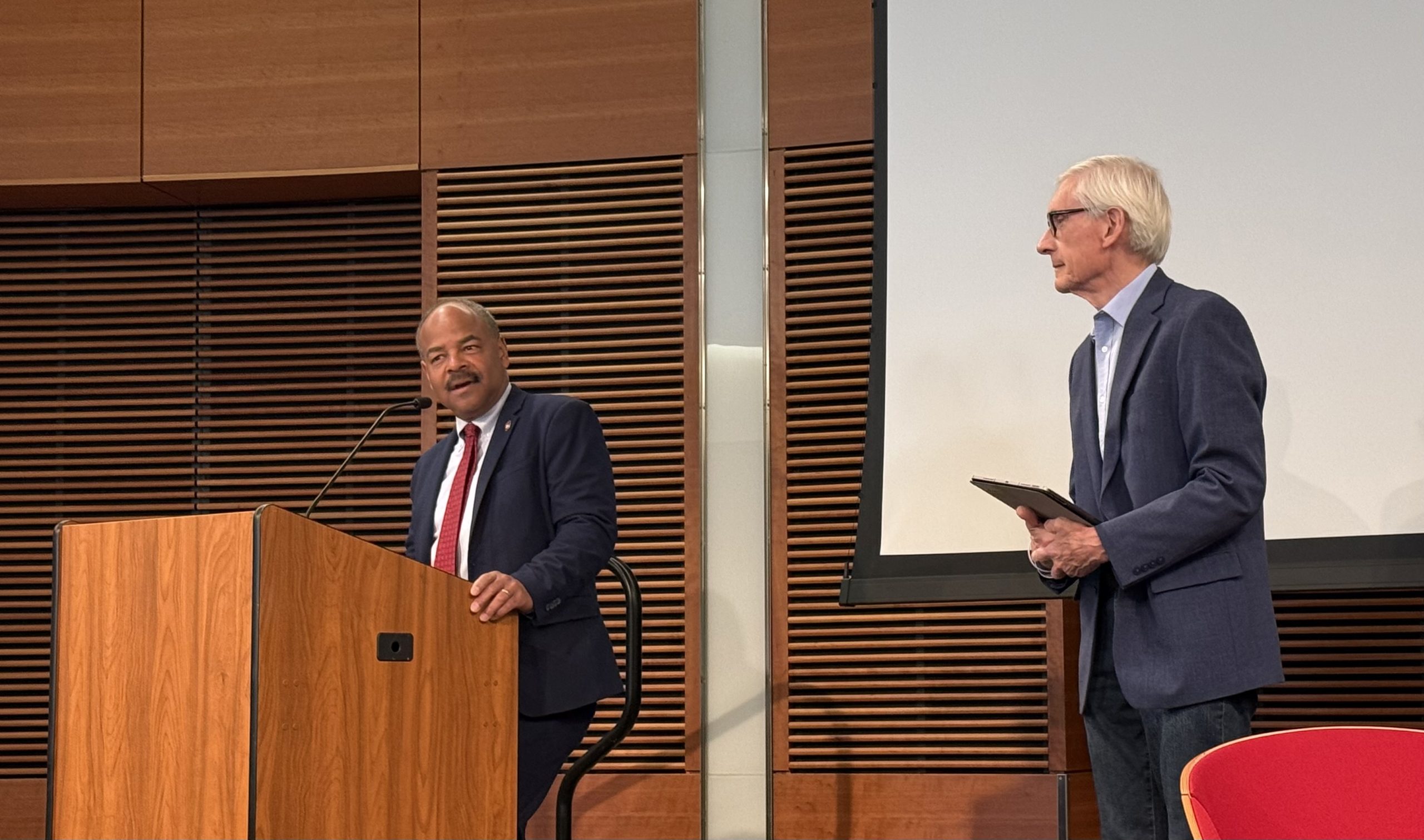 Eric Wilcots (left), UW-Madison’s interim chancellor and dean of the College of Letters & Sciences, delivered some opening remarks at Tuesday's summit.