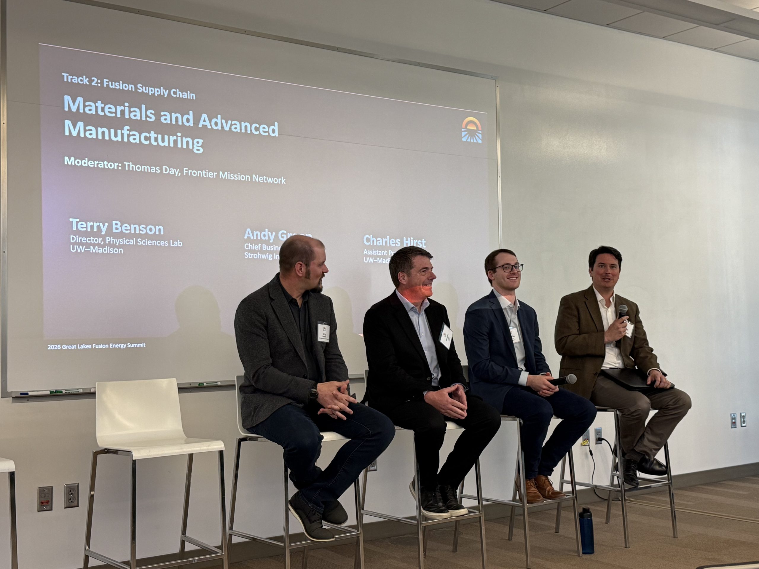 (From left) Terry Benson, Andy Green and Charles Hirst discussed “Materials and Advanced Manufacturing” in a panel moderated by Thomas Day (right).