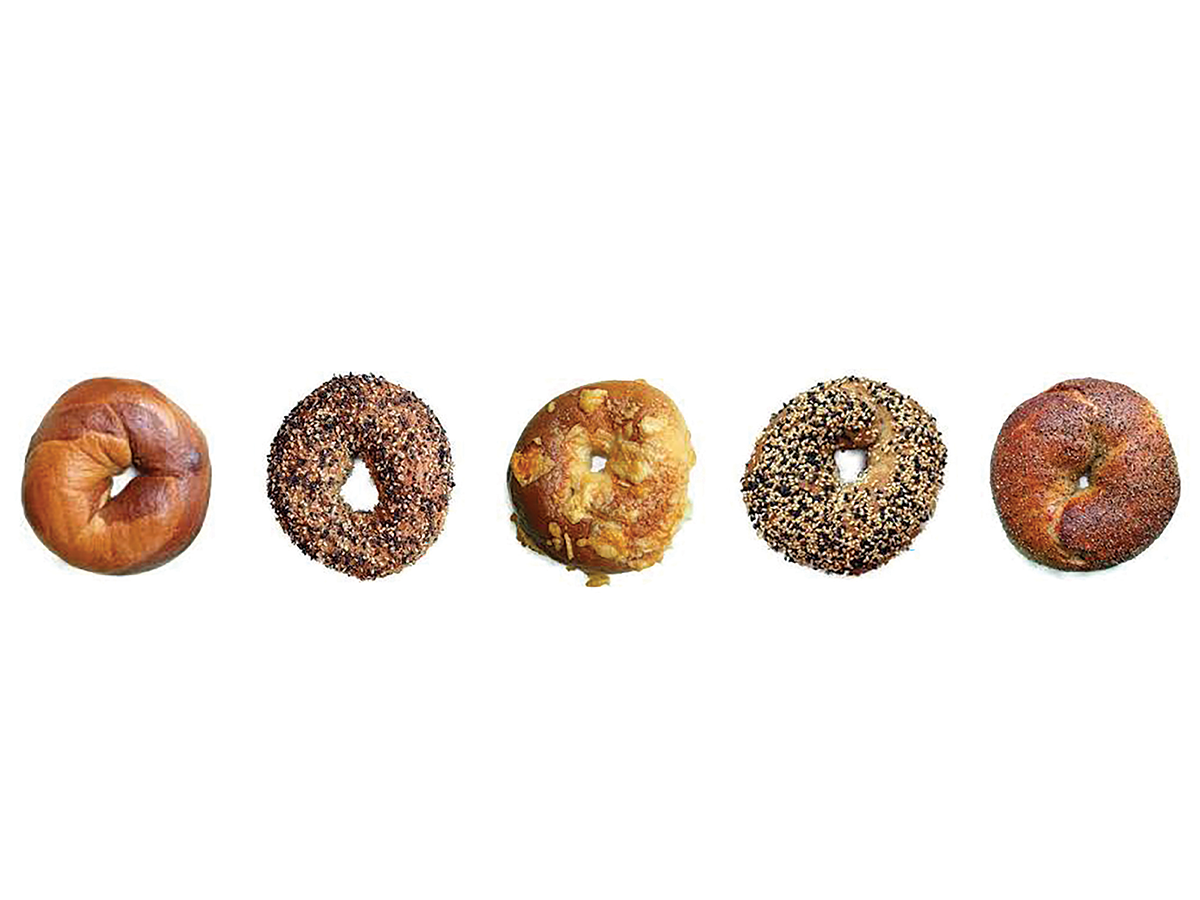 Barrett's Bagels includes flavors like (left to right) cinnamon twist, everything, Parmesan, black + white sesame and rosemary black pepper.