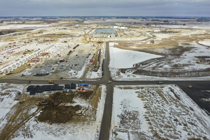 Construction is ongoing at the Beaver Dam Commerce Park where a new Meta data center is being built, Feb. 2, 2026, in Beaver Dam, Wis. (Joe Timmerman / Wisconsin Watch)